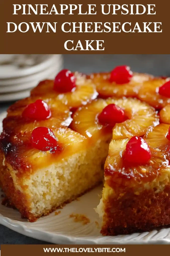 Homemade Pineapple Upside Down Cheesecake Cake decorated with pineapple slices and cherries after being inverted from the pan. The dessert features a caramelized fruit topping and creamy cheesecake texture.