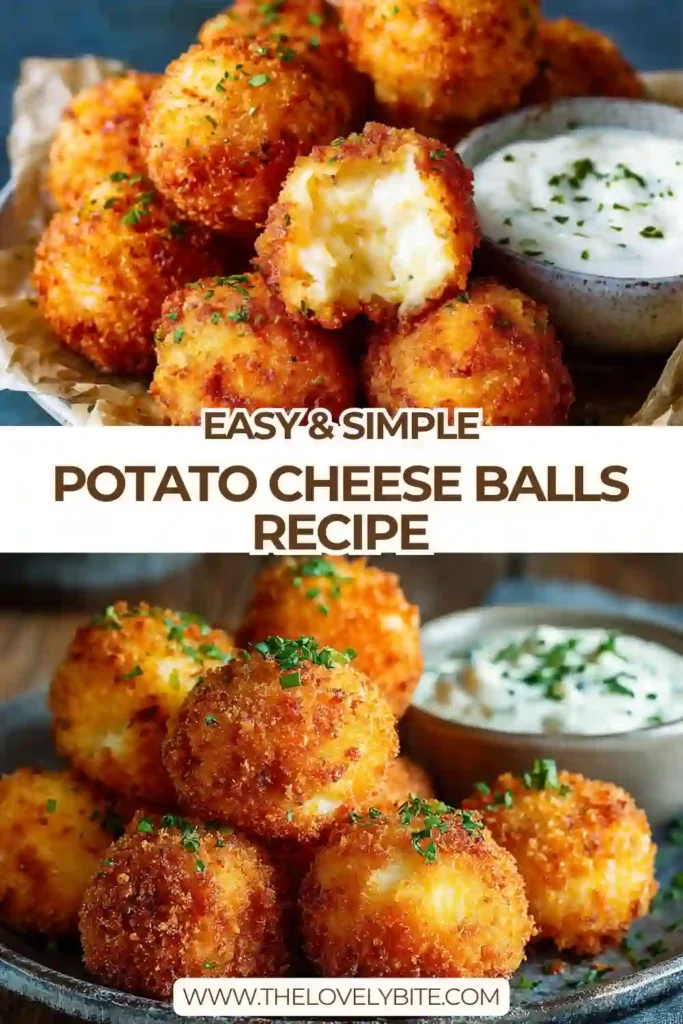 Close-up of Potato Cheese Balls showing gooey mozzarella filling and crunchy exterior texture.