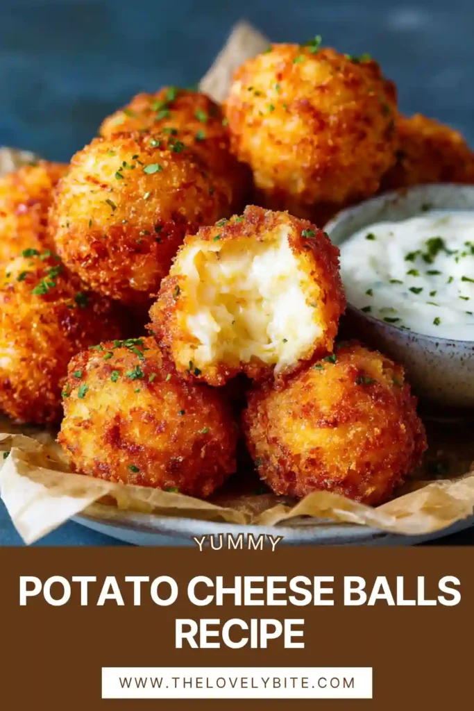 Freshly fried Potato Cheese Balls arranged on a serving dish with dipping sauce.