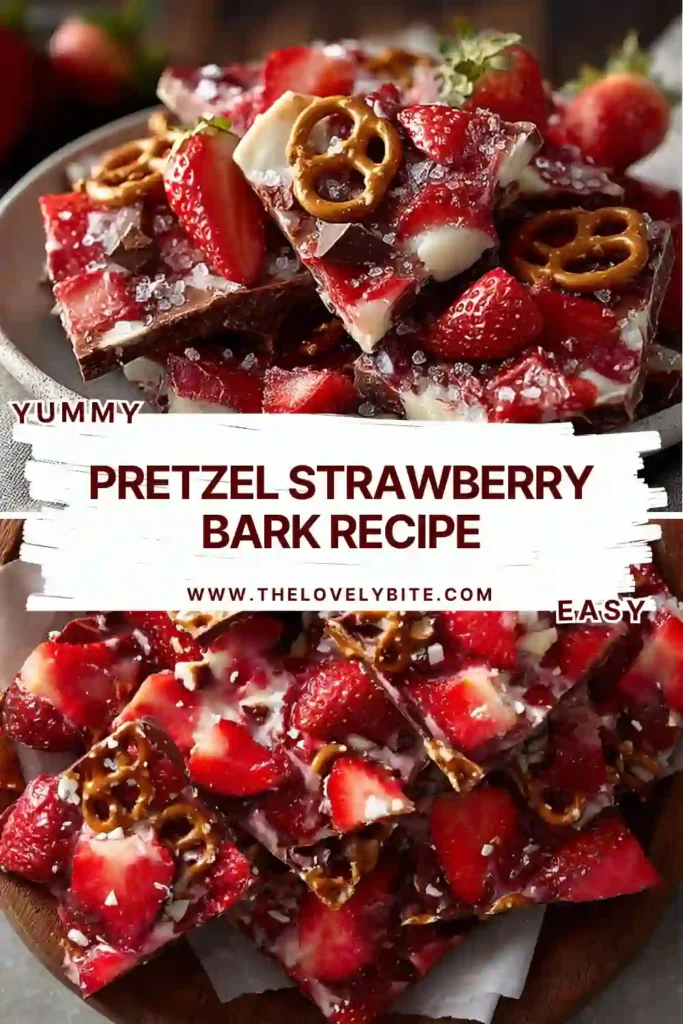 Sweet and salty Pretzel Strawberry Bark made with ruby chocolate, crunchy pretzels, and freeze-dried strawberries. This colorful dessert bark is broken into bite-sized pieces for easy serving.