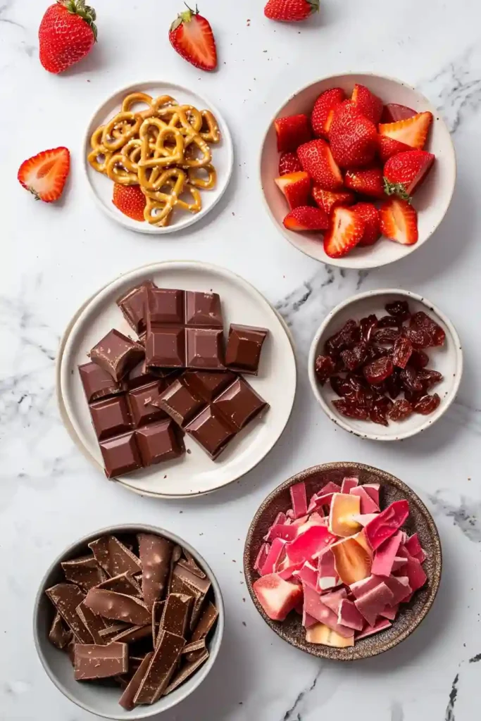 Pieces of Pretzel Strawberry Bark topped with freeze-dried strawberries and crushed pretzels on parchment paper. The ruby chocolate gives this easy no-bake dessert a beautiful pink color and creamy texture.