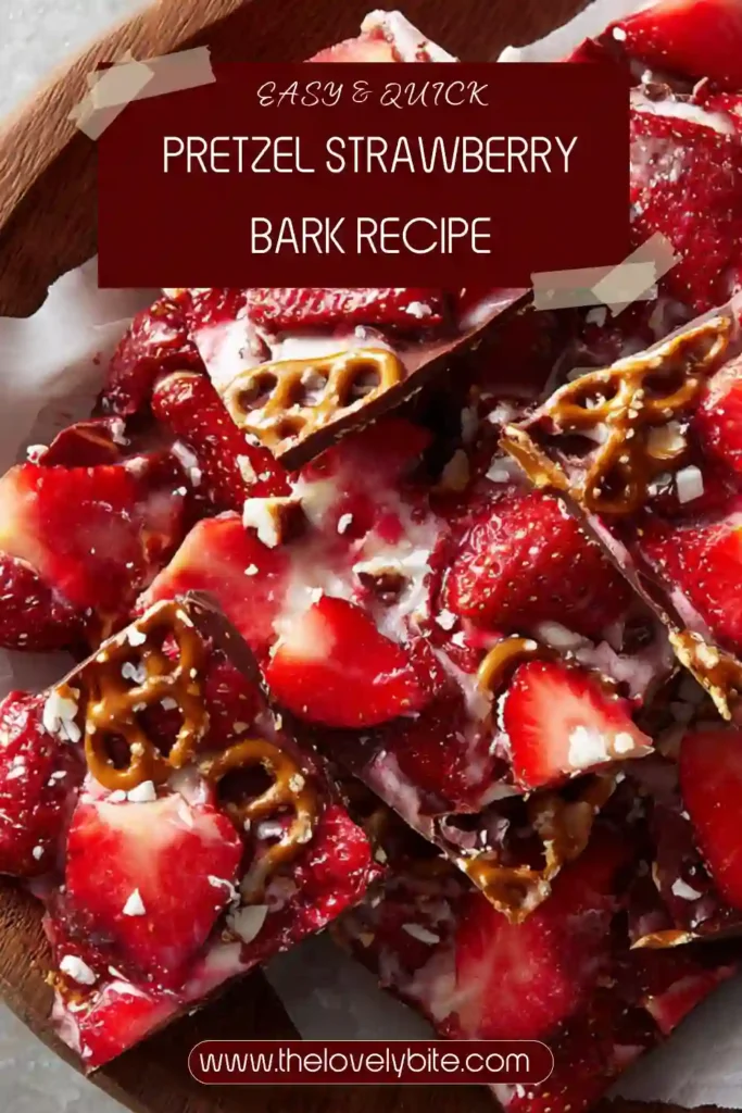 Homemade Pretzel Strawberry Bark arranged on a serving tray with visible strawberry pieces and crunchy pretzel topping. The no-bake dessert has a creamy chocolate base and crisp texture.