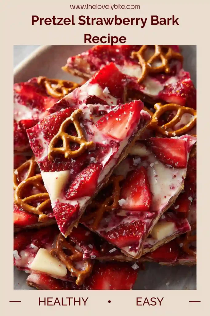 Close-up view of ruby chocolate Pretzel Strawberry Bark with crispy strawberries and salted pretzels. This easy dessert recipe is perfect for parties, holidays, and edible gifts.