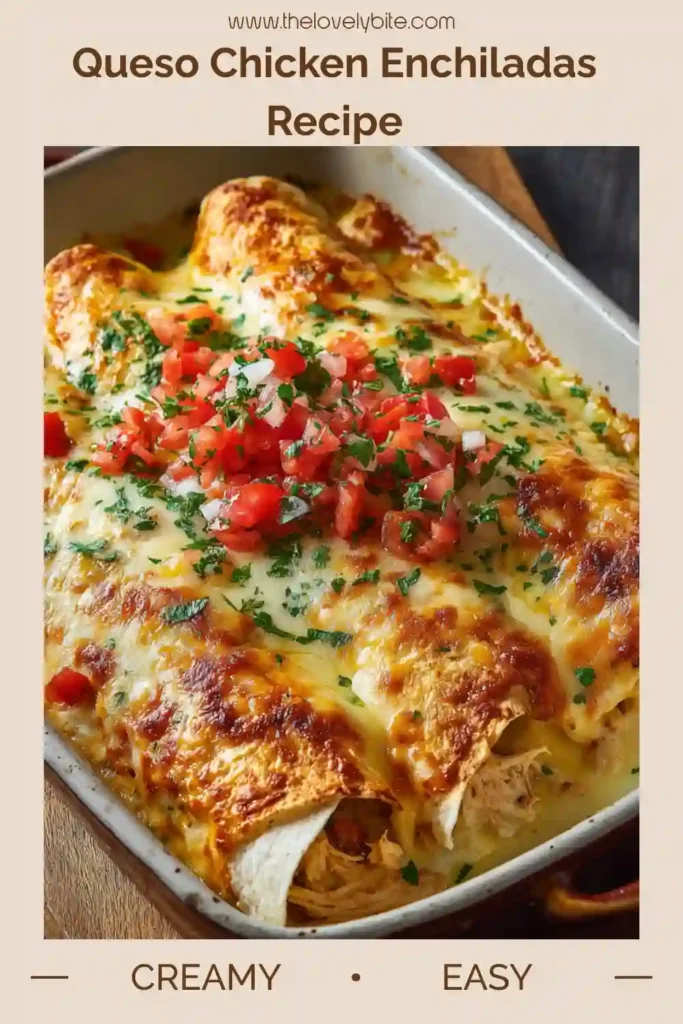 Close-up of homemade Queso Chicken Enchiladas covered in creamy queso blanco sauce and diced green chilies. This easy chicken enchilada recipe is rich, cheesy, and perfect for dinner.