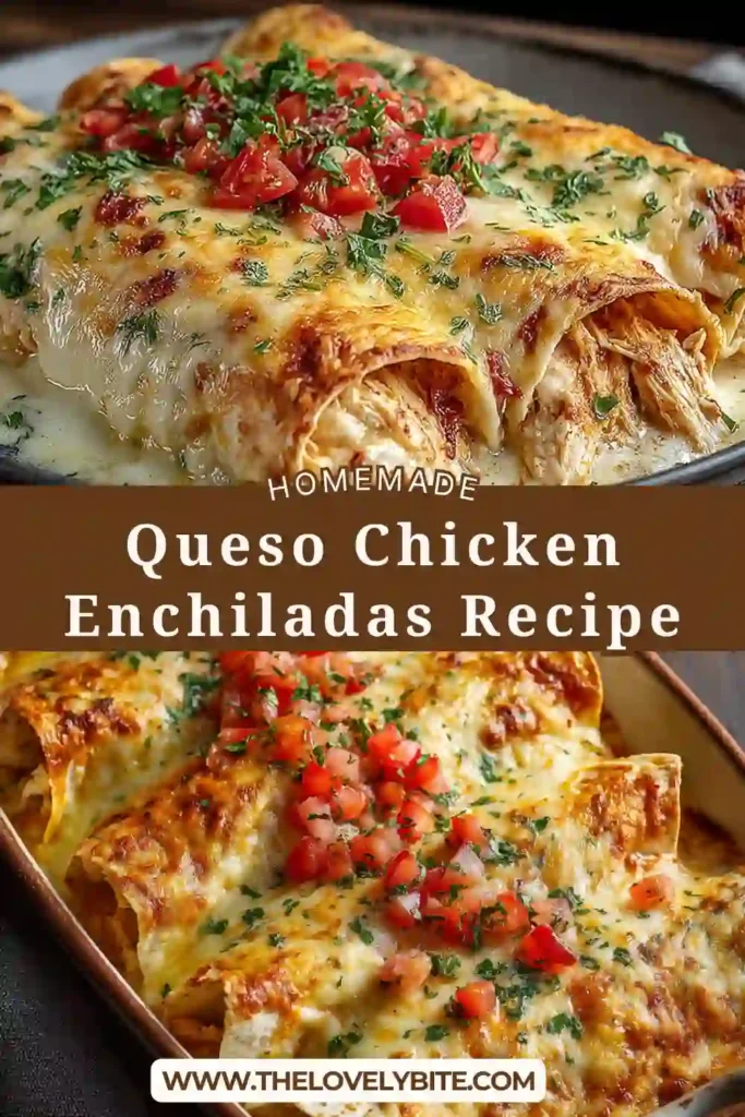 Cheesy Queso Chicken Enchiladas baked until bubbly in a casserole dish with creamy chicken filling and melted cheese. A comforting Tex-Mex meal ideal for family dinners.