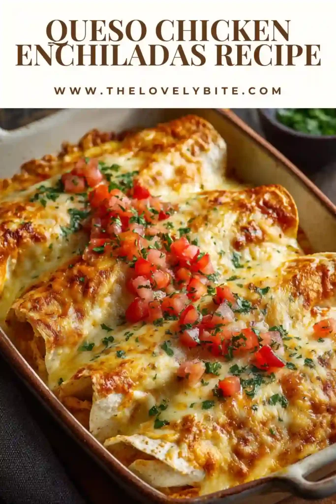 Warm Queso Chicken Enchiladas served fresh from the oven with creamy queso topping and shredded chicken filling. This baked enchilada recipe is hearty, cheesy, and flavorful.