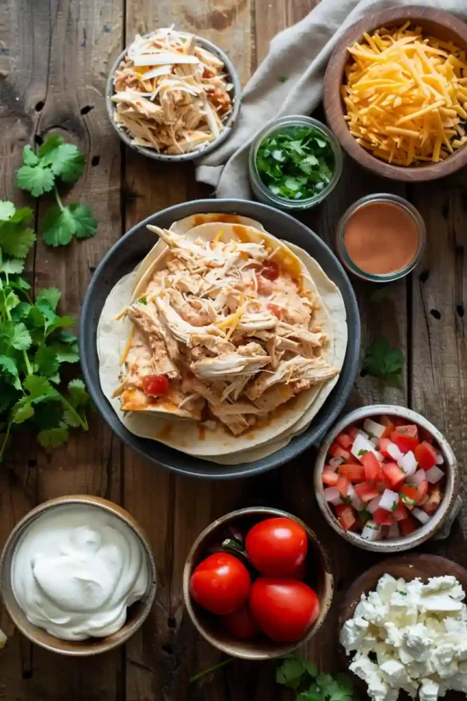 A baking dish filled with creamy Queso Chicken Enchiladas topped with melted queso sauce and cheddar cheese. These cheesy baked enchiladas are golden, bubbly, and packed with Tex-Mex flavor.