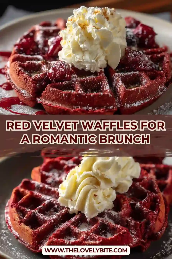 Freshly made Red Velvet Waffles stacked on a plate with cream cheese drizzle cascading over the crisp waffle edges. The waffles have a rich cocoa color and fluffy interior perfect for a romantic brunch.