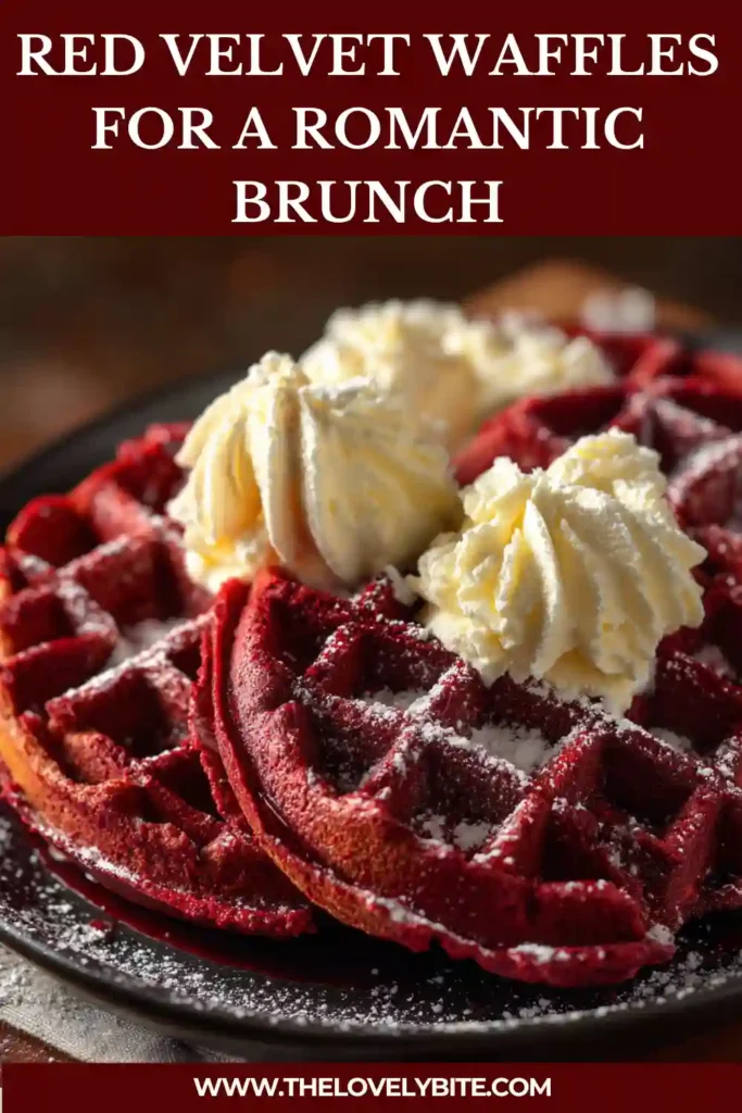 Golden Red Velvet Waffles topped with creamy frosting drizzle and fresh berries on a breakfast table. This decadent brunch recipe looks elegant and comforting.
