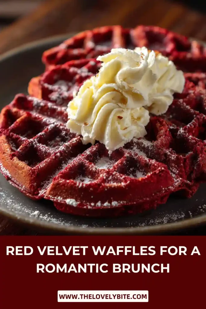 Close-up of homemade Red Velvet Waffles with cream cheese glaze and powdered sugar. The waffles are crisp outside with a soft, fluffy texture inside.
