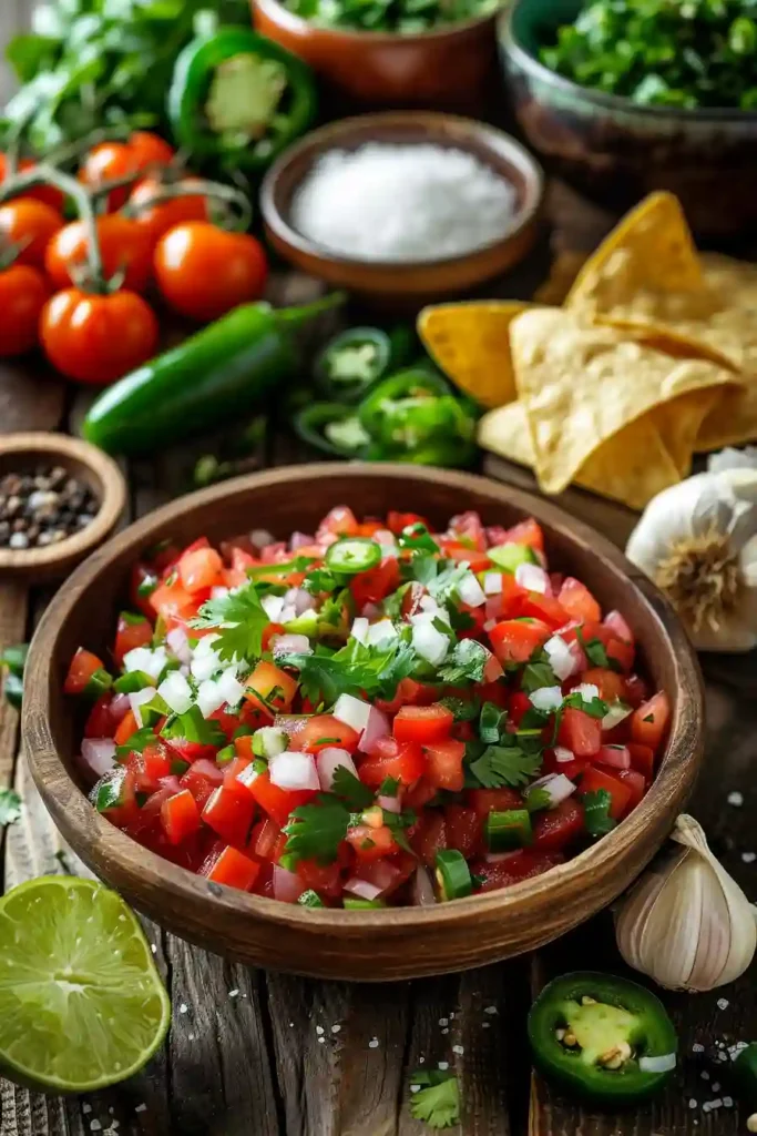 A bowl of smooth Restaurant Style Salsa made with tomatoes, jalapeños, cilantro, and lime juice served with crispy tortilla chips. The salsa has a vibrant red color and fresh homemade texture.