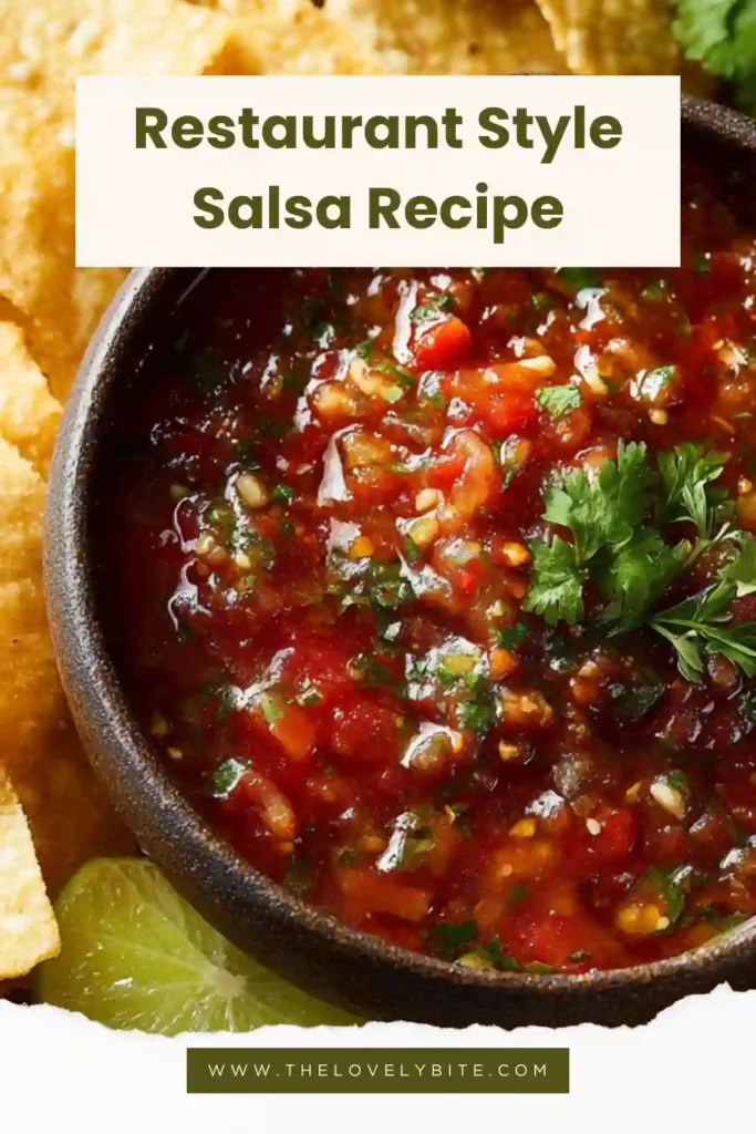 Close-up of Restaurant Style Salsa with a rich tomato base, fresh cilantro, and jalapeño peppers. The smooth salsa is perfect for dipping chips or serving with tacos.