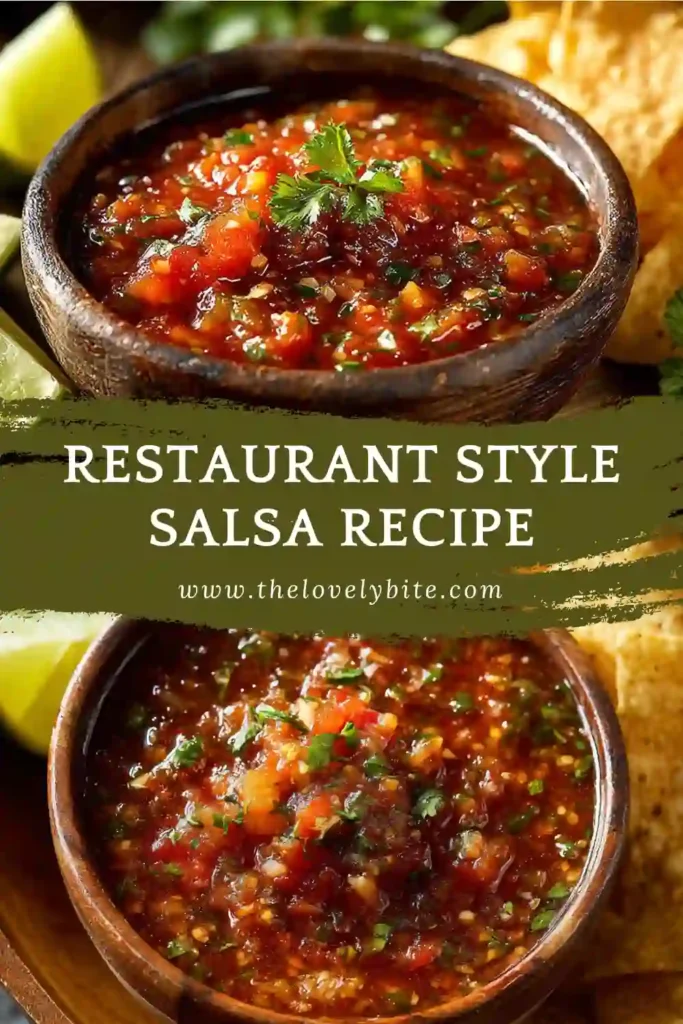 Easy Restaurant Style Salsa recipe served chilled with crunchy tortilla chips. The homemade salsa is smooth, flavorful, and made with fresh ingredients and spices.