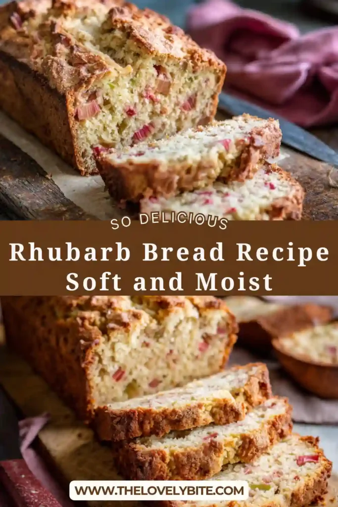 Close-up of rhubarb bread showing its tender crumb and vibrant pink rhubarb pieces, topped with a light sugar crust.