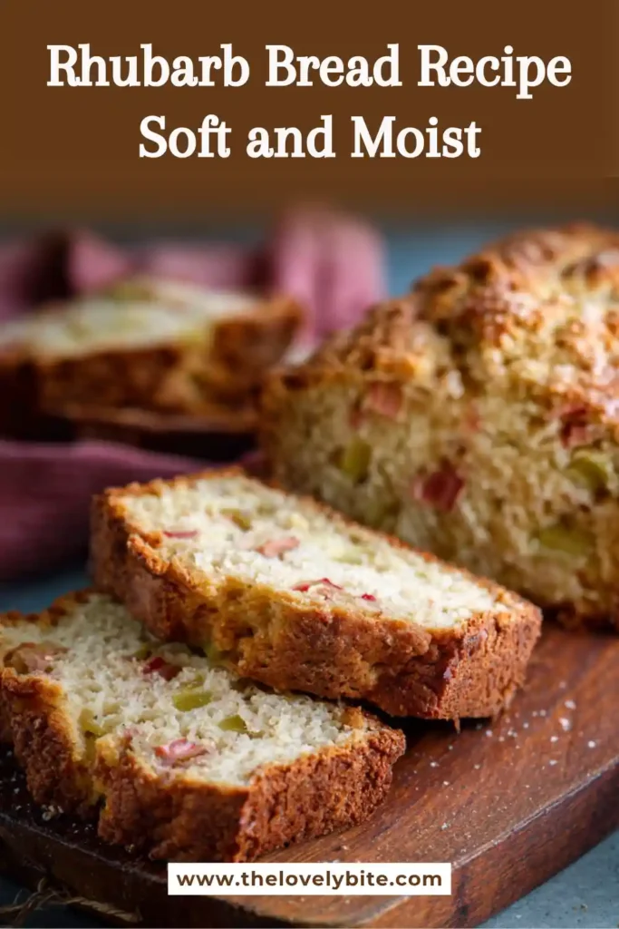 Homemade rhubarb bread cooling on a wire rack, with a golden top and slightly crisp edges. The loaf appears fluffy and rich.