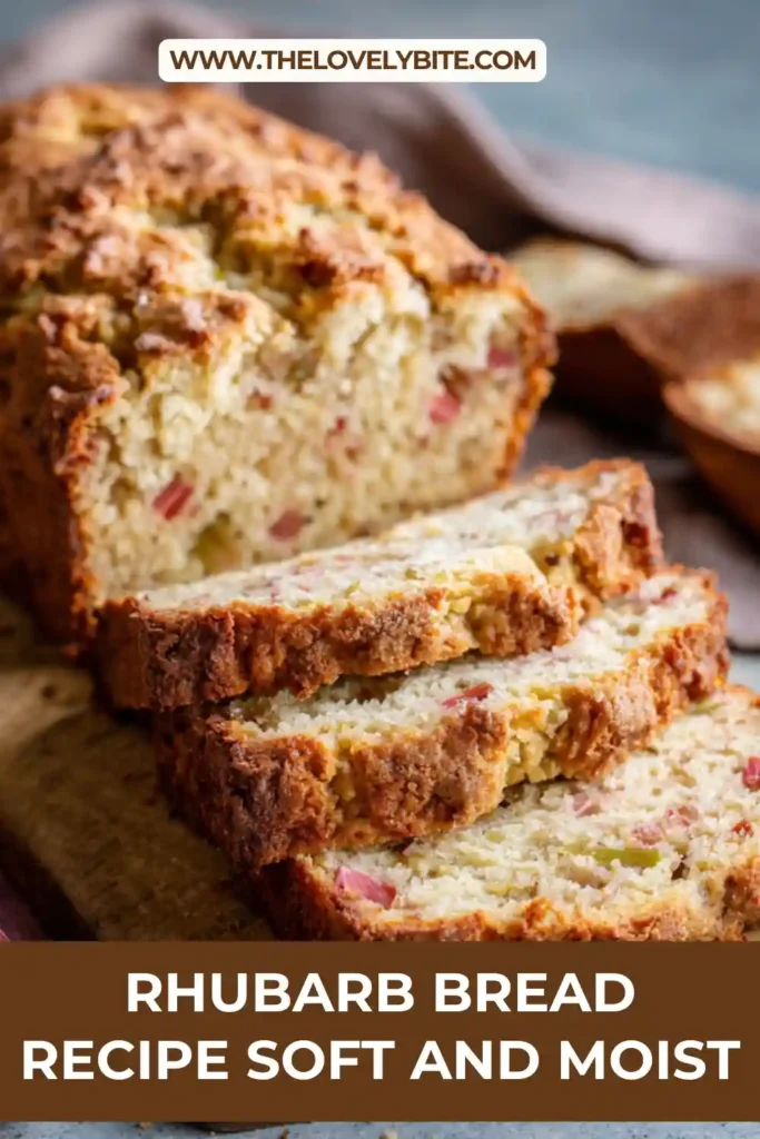Sliced rhubarb bread served on a plate, highlighting the moist interior and sweet-tangy fruit pieces baked throughout.