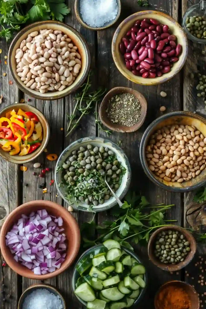 Healthy Ridiculously Easy Bean Salad prepared with beans, parsley, cucumber, and capers in a light vinaigrette. A refreshing vegetarian salad for summer gatherings and meal prep.