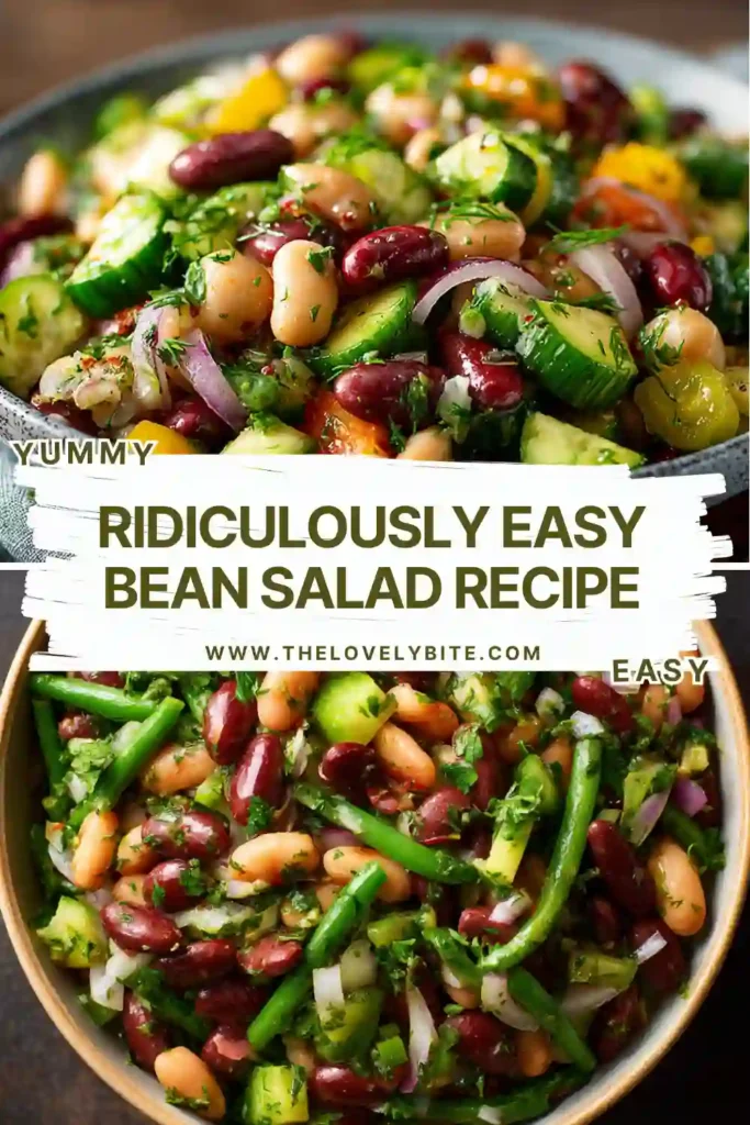 Fresh Ridiculously Easy Bean Salad served in a white bowl with kidney beans, chickpeas, cucumber, and parsley coated in homemade dressing. A simple Mediterranean-inspired side dish for lunch or dinner.