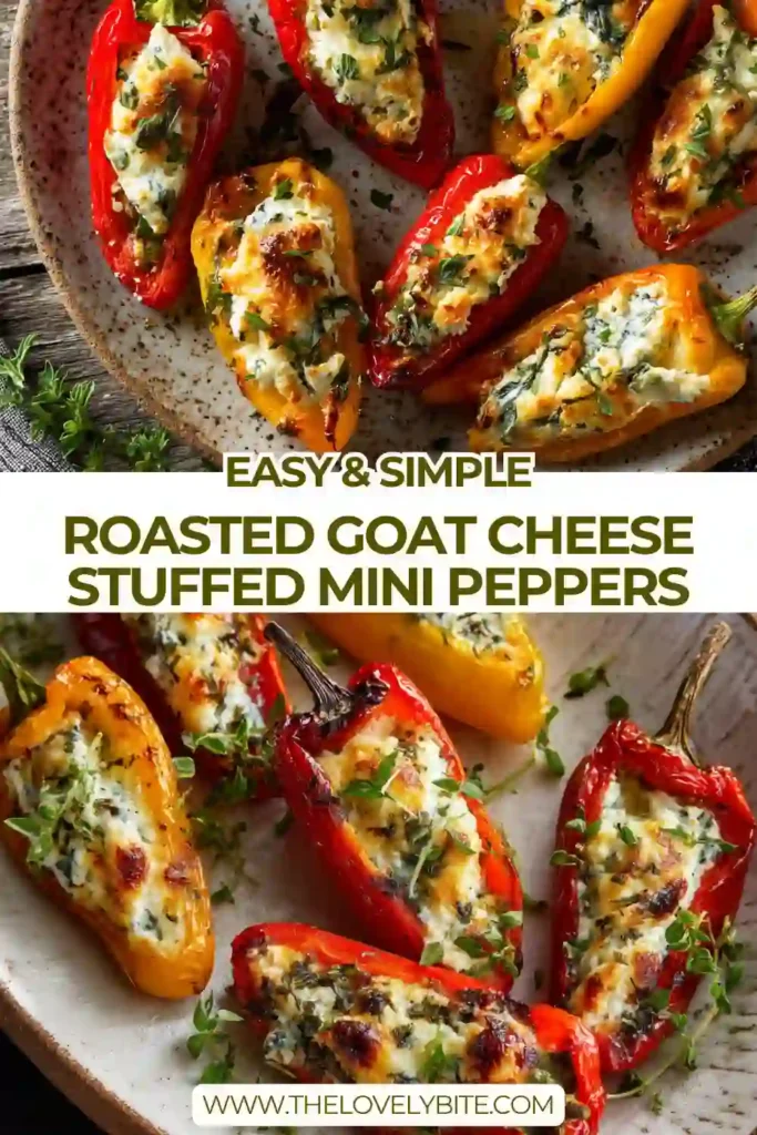 Close-up of Roasted Goat Cheese Stuffed Mini Peppers topped with honey, balsamic glaze, and cracked black pepper. This easy vegetarian appetizer features sweet roasted peppers and tangy goat cheese.
