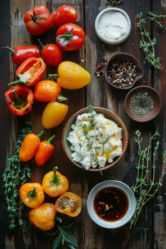 Roasted Goat Cheese Stuffed Mini Peppers arranged on a serving platter with balsamic glaze and fresh thyme. The colorful mini sweet peppers are roasted until tender and filled with creamy goat cheese.