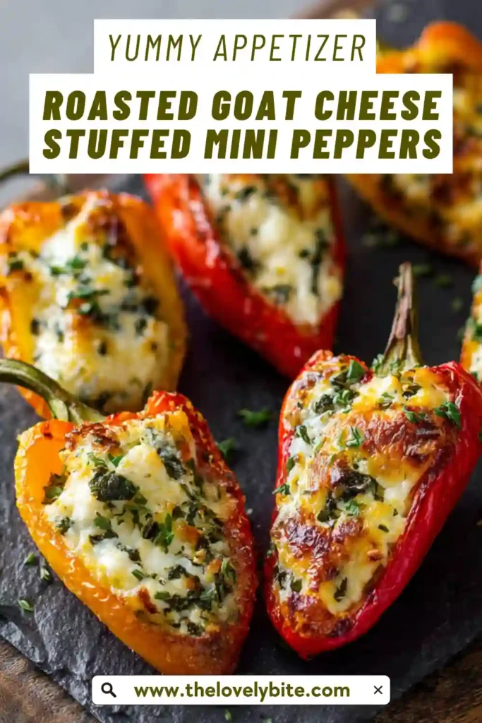 Freshly roasted stuffed mini peppers filled with goat cheese and garnished with thyme on a serving tray. The appetizer is savory, creamy, and lightly sweet.