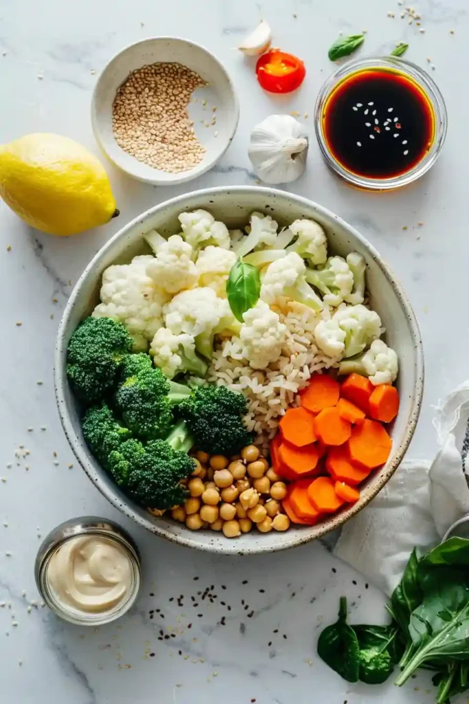 Roasted veggie rice bowls with tahini sauce, chickpeas, broccoli, and carrots over brown rice in a healthy vegan dish.