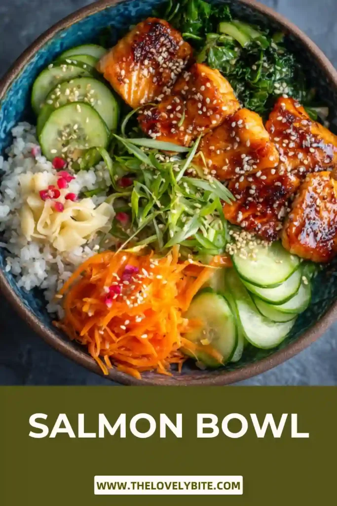 This easy Salmon Bowl features tender glazed salmon cubes over rice with fresh vegetables and creamy avocado. A colorful healthy salmon rice bowl perfect for quick weeknight meals.