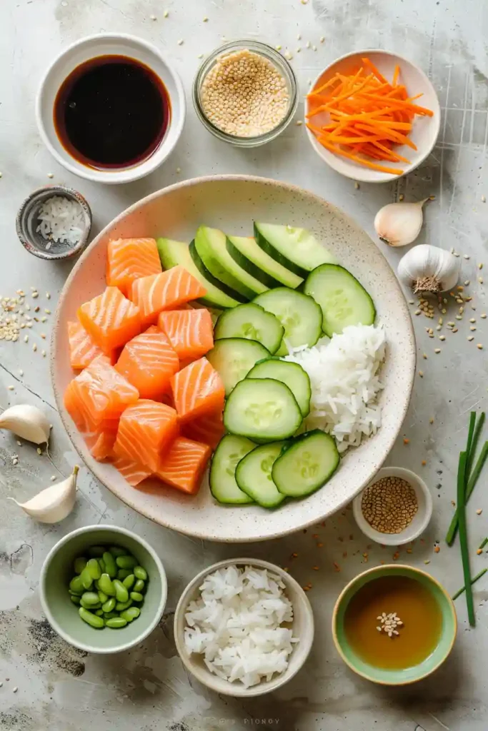 A healthy Salmon Bowl served with fluffy white rice, avocado, cucumber, shredded carrots, and edamame beans. The marinated salmon is perfectly cooked and topped with sesame seeds for a fresh and flavorful dinner.