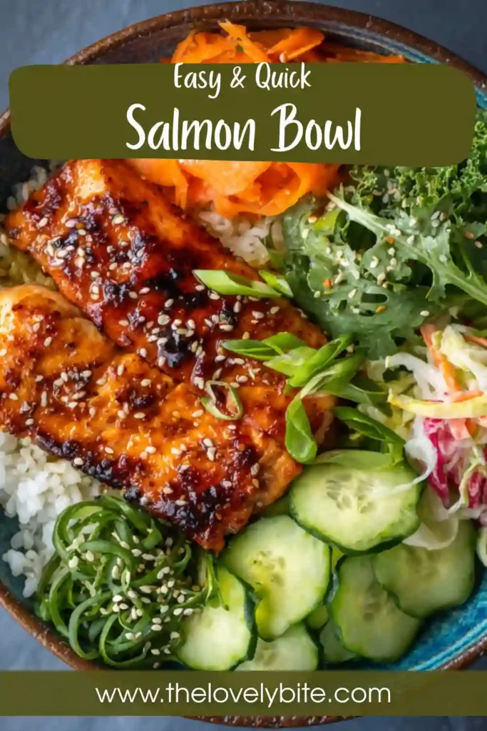 A vibrant homemade Salmon Bowl with air fryer salmon, crunchy cucumber, carrots, avocado, and edamame. This healthy dinner recipe is packed with protein and fresh flavor.