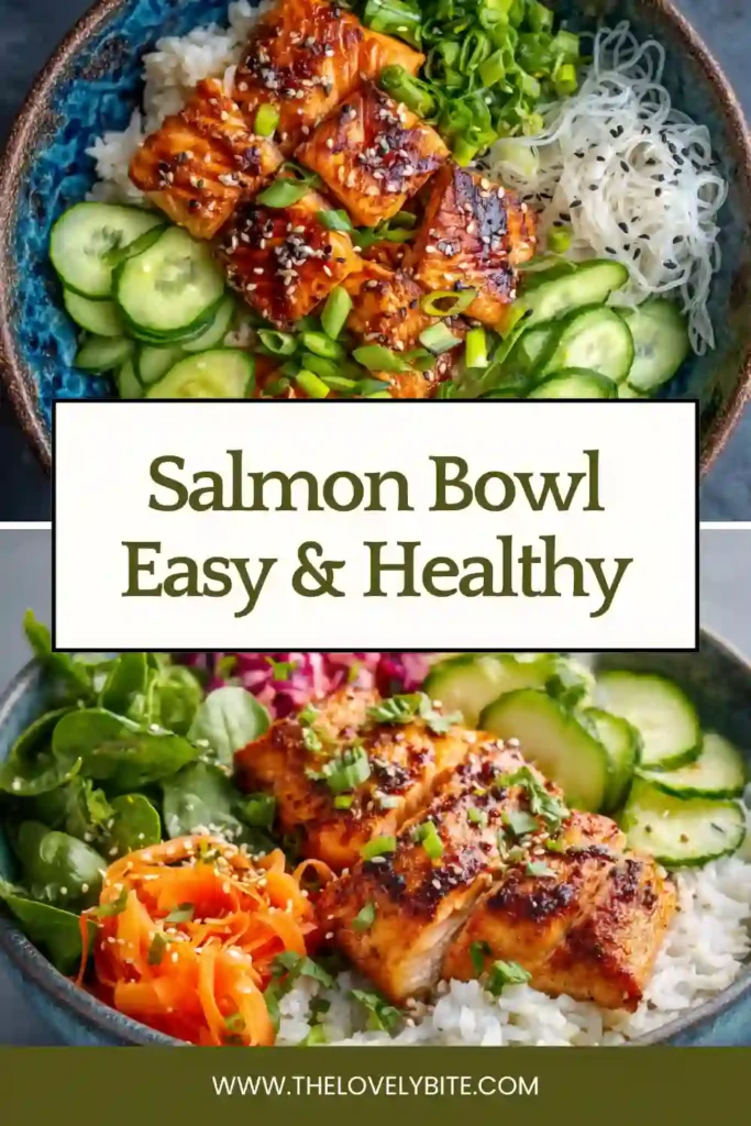 Delicious Salmon Bowl recipe with marinated salmon, white rice, avocado, cucumber, and spicy mayo drizzle. A quick healthy dinner idea ready in only 20 minutes.