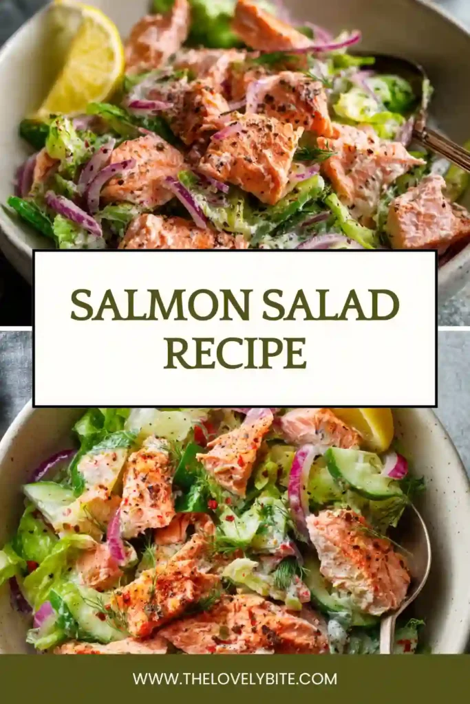A creamy Salmon Salad Recipe made with flaky salmon, celery, red onion, lemon juice, and mayonnaise served in a white bowl. This healthy salmon salad is perfect for quick lunches and meal prep.