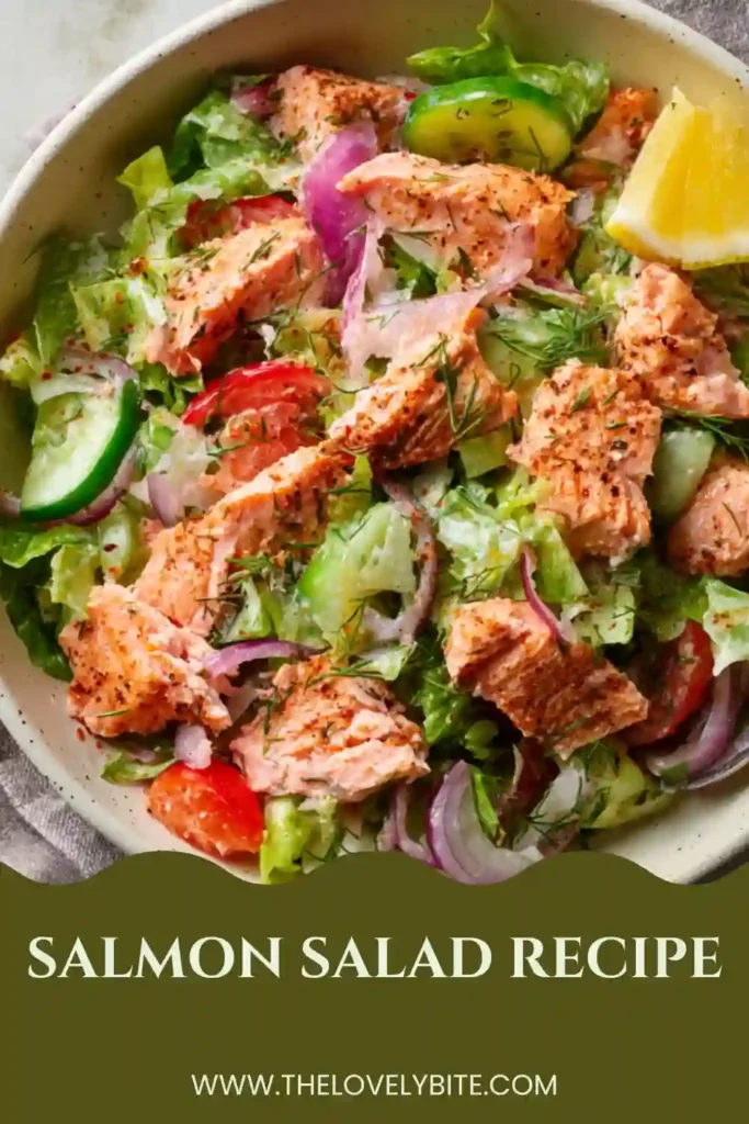 Healthy Salmon Salad Recipe prepared with cooked salmon, red onion, celery, and creamy mayo dressing. A delicious high-protein seafood salad for sandwiches and wraps.