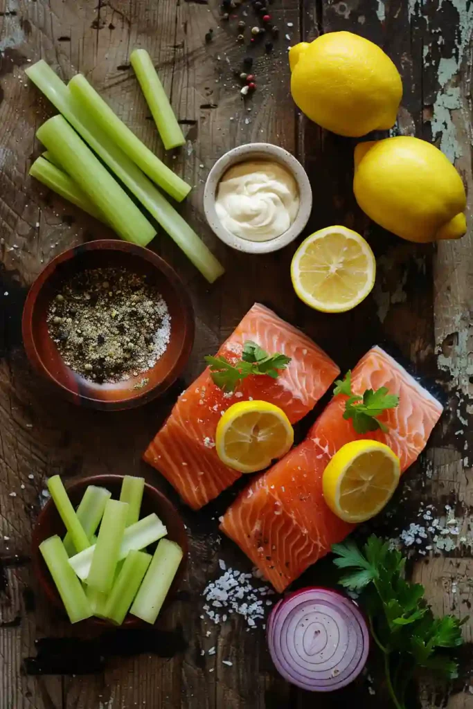 Close-up of creamy salmon salad with fresh celery and lemon mixed into flaky salmon. This quick Salmon Salad Recipe is ideal for healthy lunches and easy dinners.