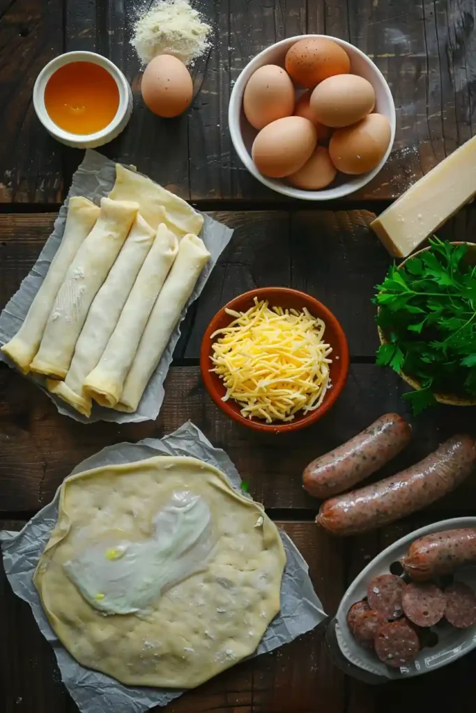 Golden Sausage Egg and Cheese Breakfast Puffs baked until flaky and crisp on a parchment-lined tray. The puff pastry is filled with fluffy scrambled eggs, melted cheddar cheese, and savory beef sausage.