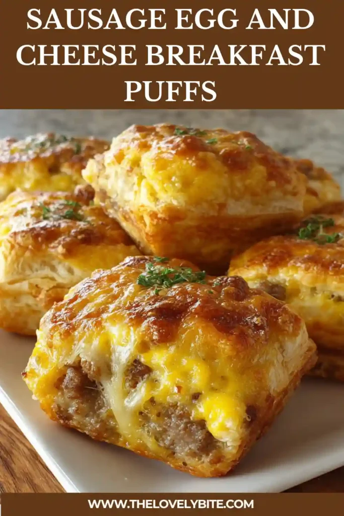 Close-up of flaky Sausage Egg and Cheese Breakfast Puffs with melted cheddar cheese and scrambled eggs inside. The golden pastry texture makes this breakfast recipe look rich and comforting.