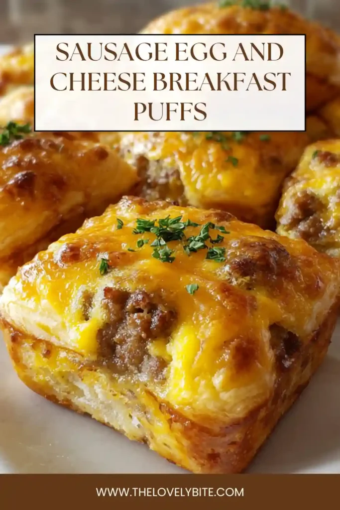 Homemade breakfast puff pastries filled with eggs, cheddar cheese, and beef sausage links. These savory breakfast puffs are baked until golden brown and served warm.