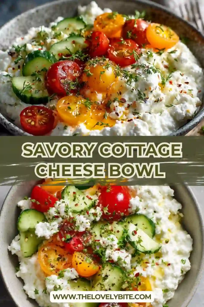 A savory cottage cheese bowl topped with fresh cucumbers, tomatoes, bell peppers, and pistachios in a bright, clean setting. This healthy cottage cheese bowl is rich in protein and perfect for a quick meal.