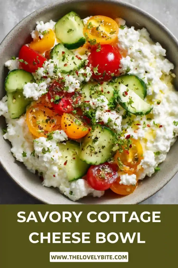 Close-up of a savory cottage cheese bowl with chopped vegetables and herbs, showcasing a high protein breakfast bowl idea. Fresh ingredients and vibrant colors make this dish visually appealing and nutritious.