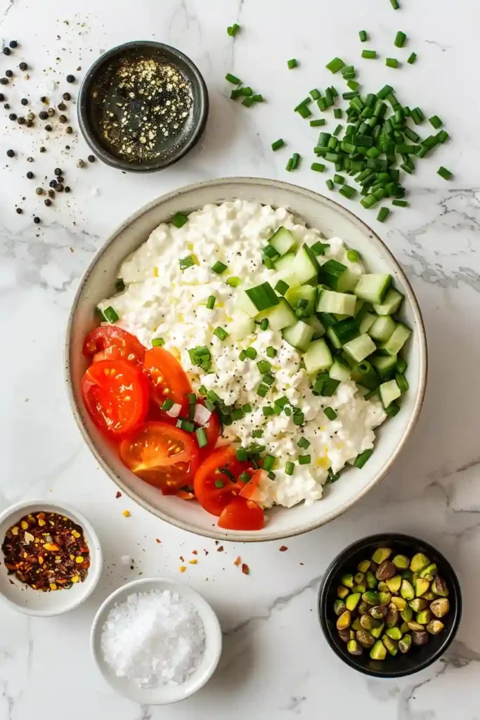 Top view of a savory cottage cheese bowl with crisp vegetables and herbs, styled for clean eating inspiration. A balanced, high protein cottage cheese bowl perfect for healthy lifestyles.