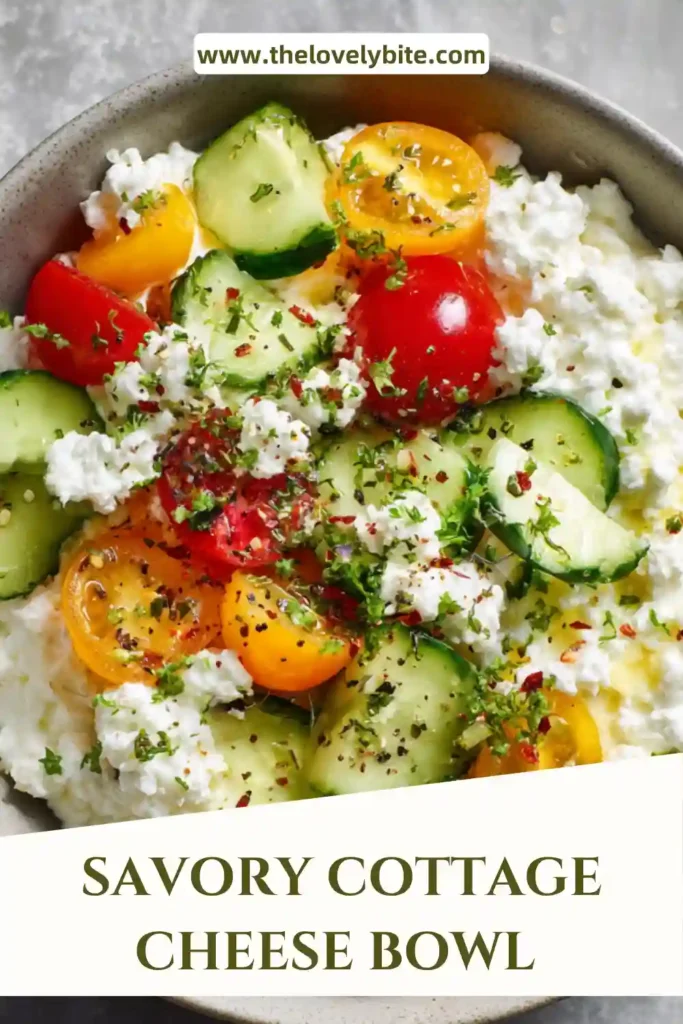 A fresh savory cottage cheese bowl arranged with sliced Persian cucumbers, grape tomatoes, bell peppers, and sprinkled pistachios. This healthy bowl recipe is ideal for a light lunch or snack.