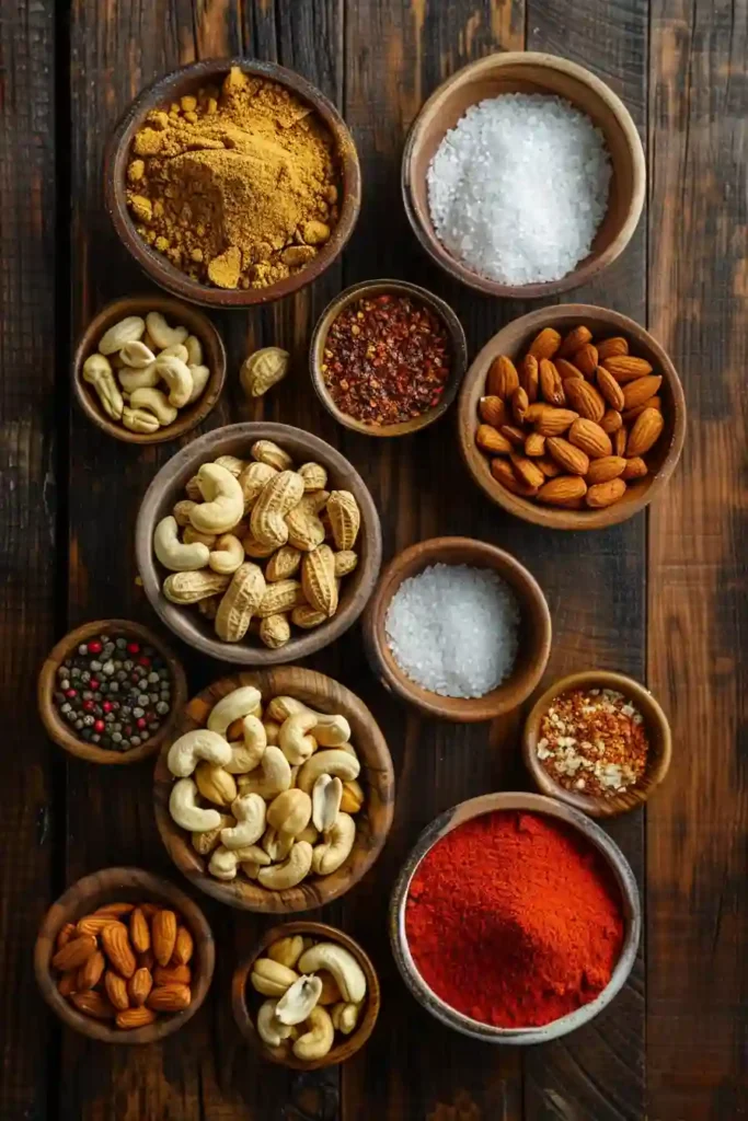 A bowl of savoury spiced nuts made with roasted almonds, cashews, and peanuts coated in smoky paprika seasoning. The crunchy mixed nuts are golden brown and packed with bold savory flavor.