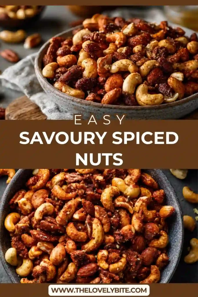 Close-up of homemade savoury spiced nuts roasted with smoked paprika, garlic powder, and chili seasoning. The roasted mixed nuts have a crispy texture and rich smoky color.