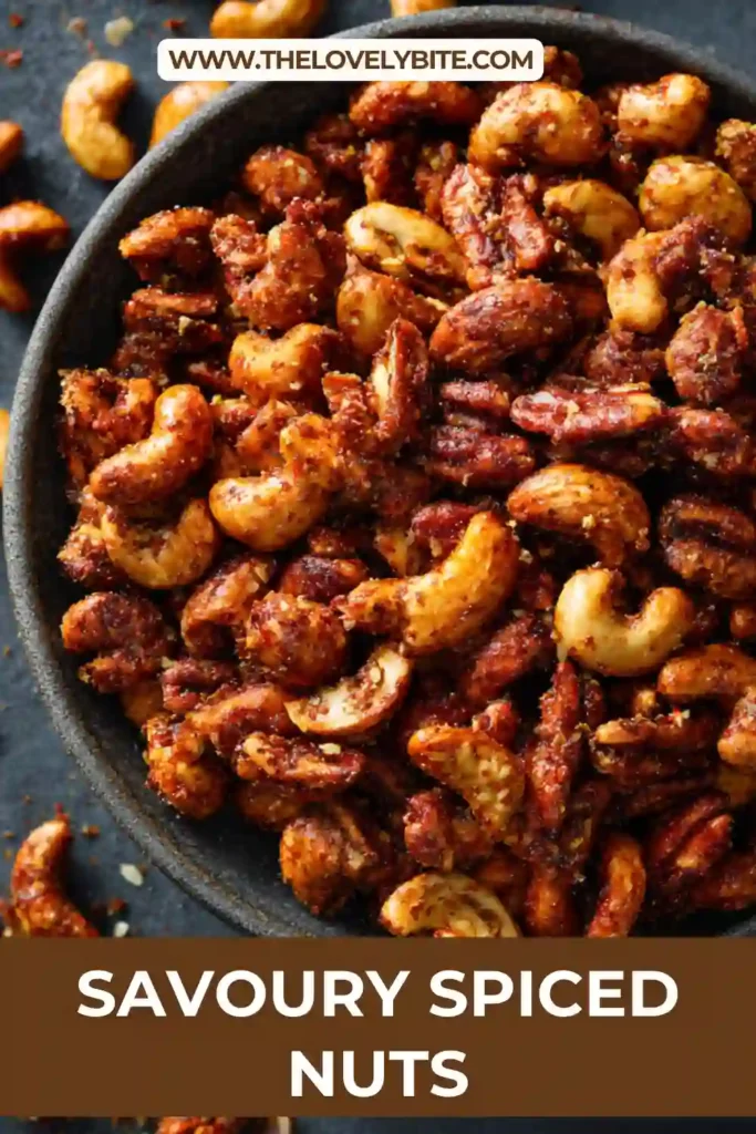 Freshly roasted savoury spiced nuts spread across a baking tray after oven roasting. The seasoned almonds, peanuts, and cashews look crunchy and flavorful.