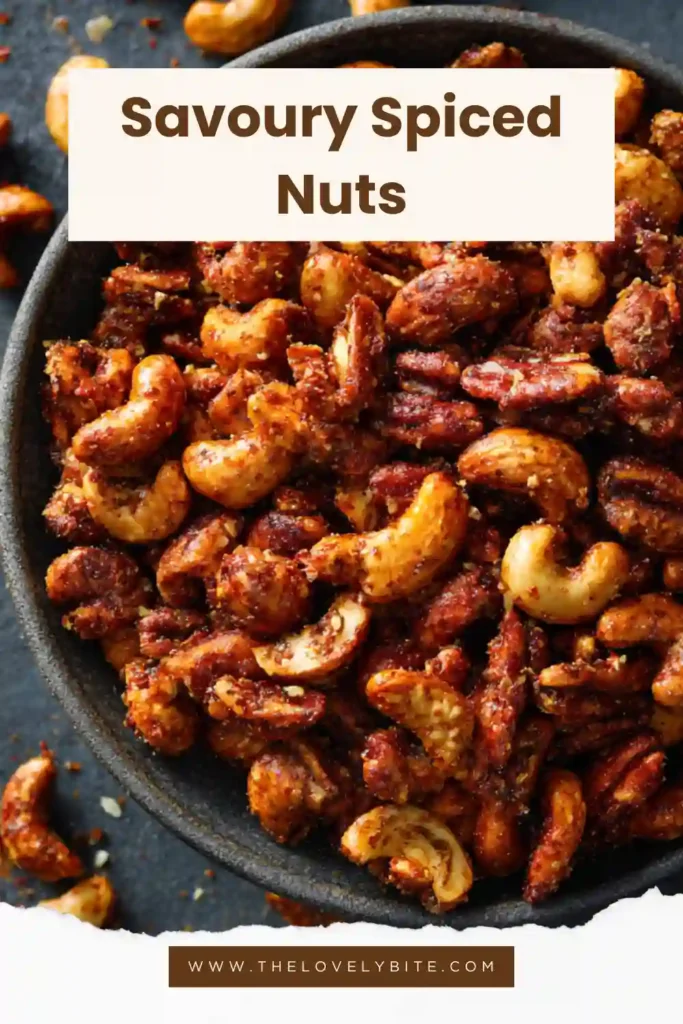 Rustic serving bowl filled with savoury spiced nuts seasoned with smoky spices and roasted until crisp. This easy homemade nut snack is perfect for parties and holiday gatherings.