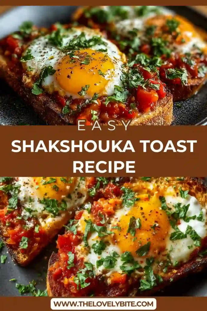 A close-up of homemade Shakshouka Toast featuring toasted bread layered with spiced tomato sauce and soft eggs. Fresh parsley and feta cheese add color and flavor to this savory breakfast.