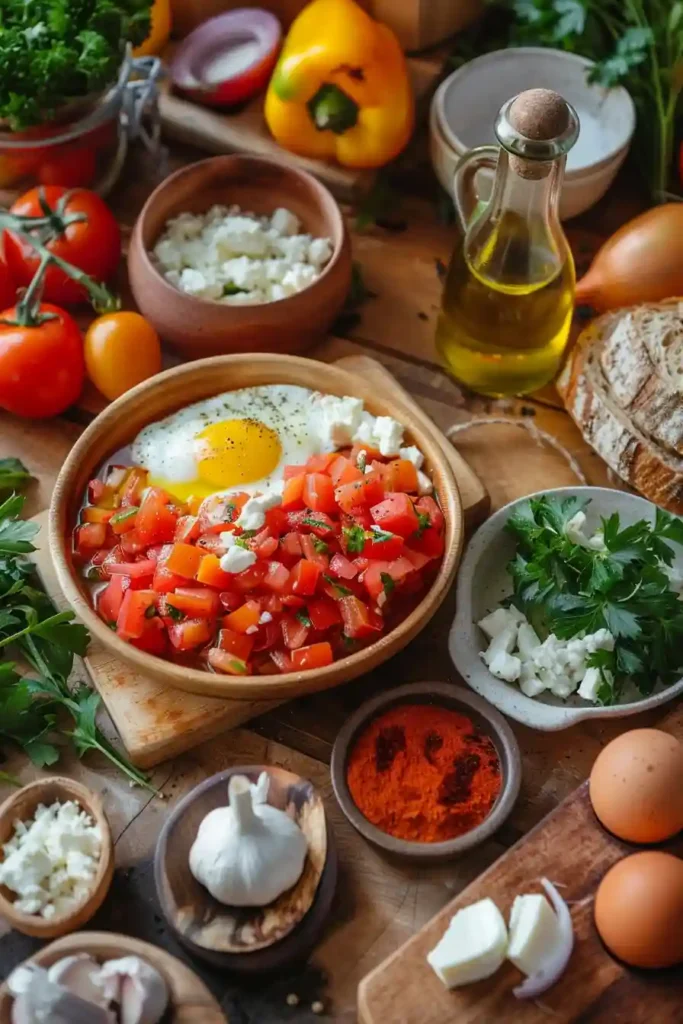 Shakshouka Toast served on crispy sourdough bread topped with rich tomato sauce, perfectly cooked eggs, fresh herbs, and crumbled feta cheese. This Mediterranean-inspired breakfast looks vibrant and comforting.