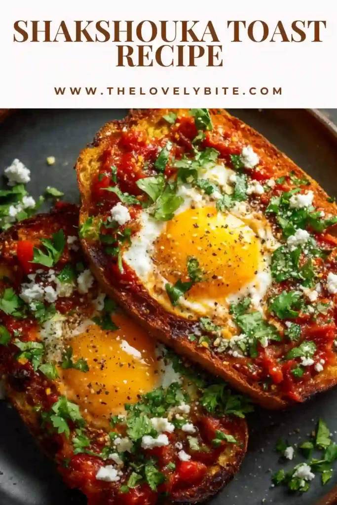 Golden toasted bread topped with shakshouka sauce, runny eggs, and herbs on a breakfast plate. This easy Mediterranean breakfast recipe is warm, hearty, and flavorful.