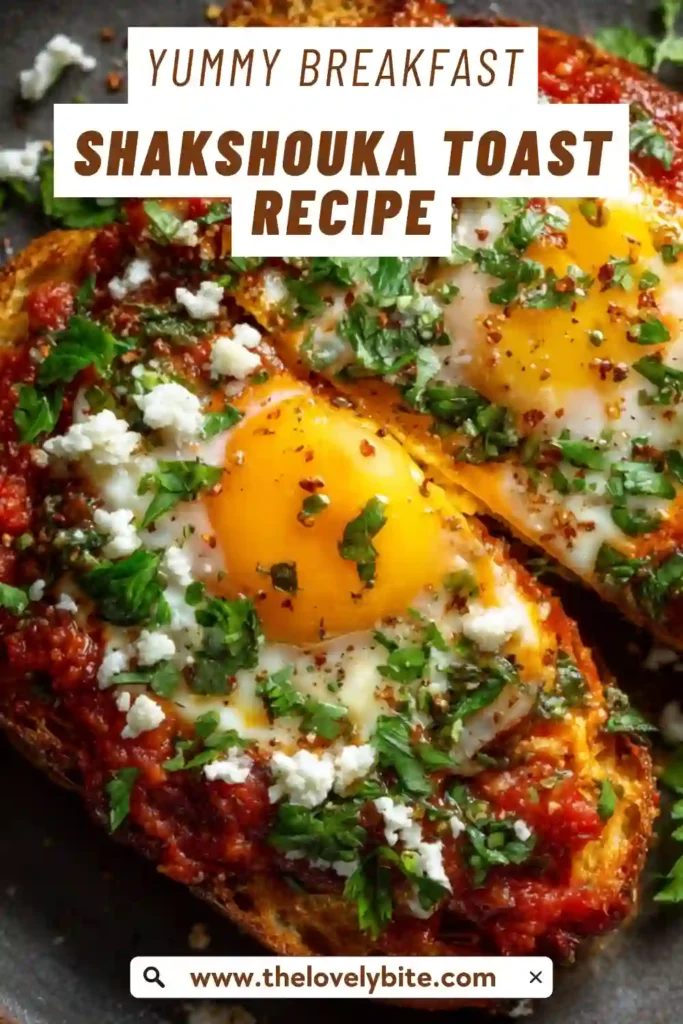 Healthy Shakshouka Toast with tomato sauce, eggs, and fresh cilantro served on whole wheat toast. A colorful and satisfying savory breakfast idea.