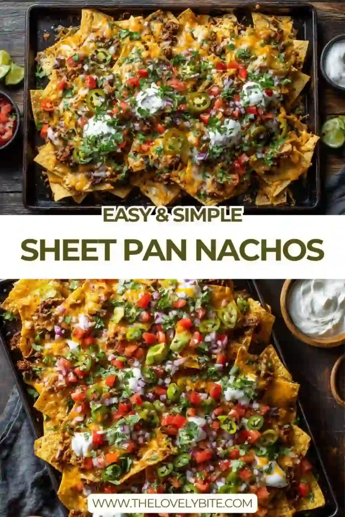 A large tray of Sheet Pan Nachos topped with seasoned ground beef, melted cheese, black beans, corn, tomatoes, and jalapeños. The crispy tortilla chips are baked until golden and served fresh with sour cream and cilantro.