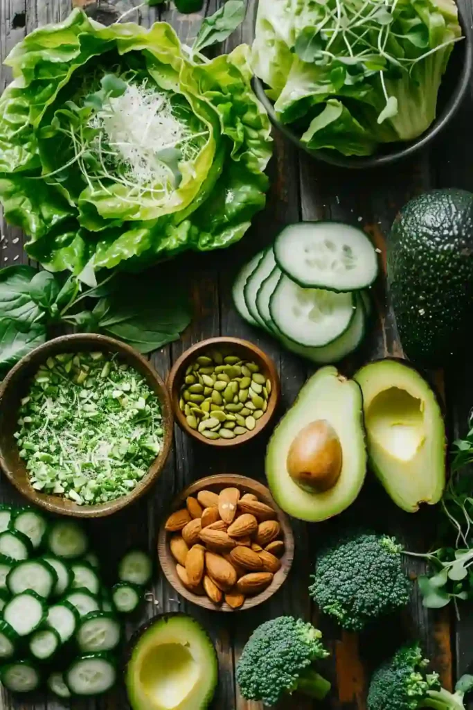 A bowl of Simple Green Salad Recipe made with butter lettuce, avocado slices, cucumber, Parmesan cheese, pepitas, and roasted tamari almonds. The salad is topped with fresh microgreens and lemon vinaigrette.